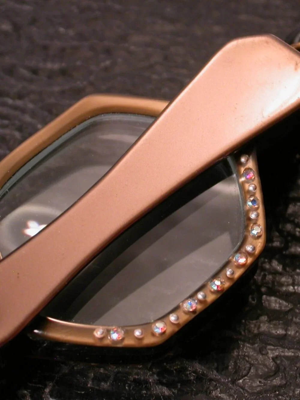 Vintage Fancy Hexagon Brown Rhinestone Folding Cat Eye Read Eyeglasses Lorgnette